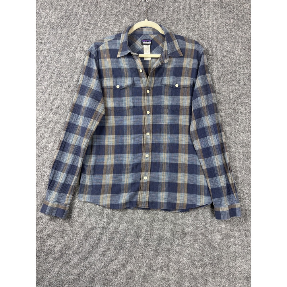 Patagonia Shirt Mens Small Blue Grey Plaid Organic Cotton‎ Button Up Outdoors